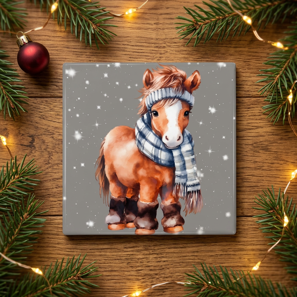 Horse Christmas coaster on festive wooden backdrop