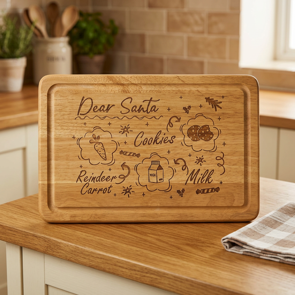 Rectangular Hevea wood Dear Santa treat board with engraved cookie, milk and reindeer carrot areas