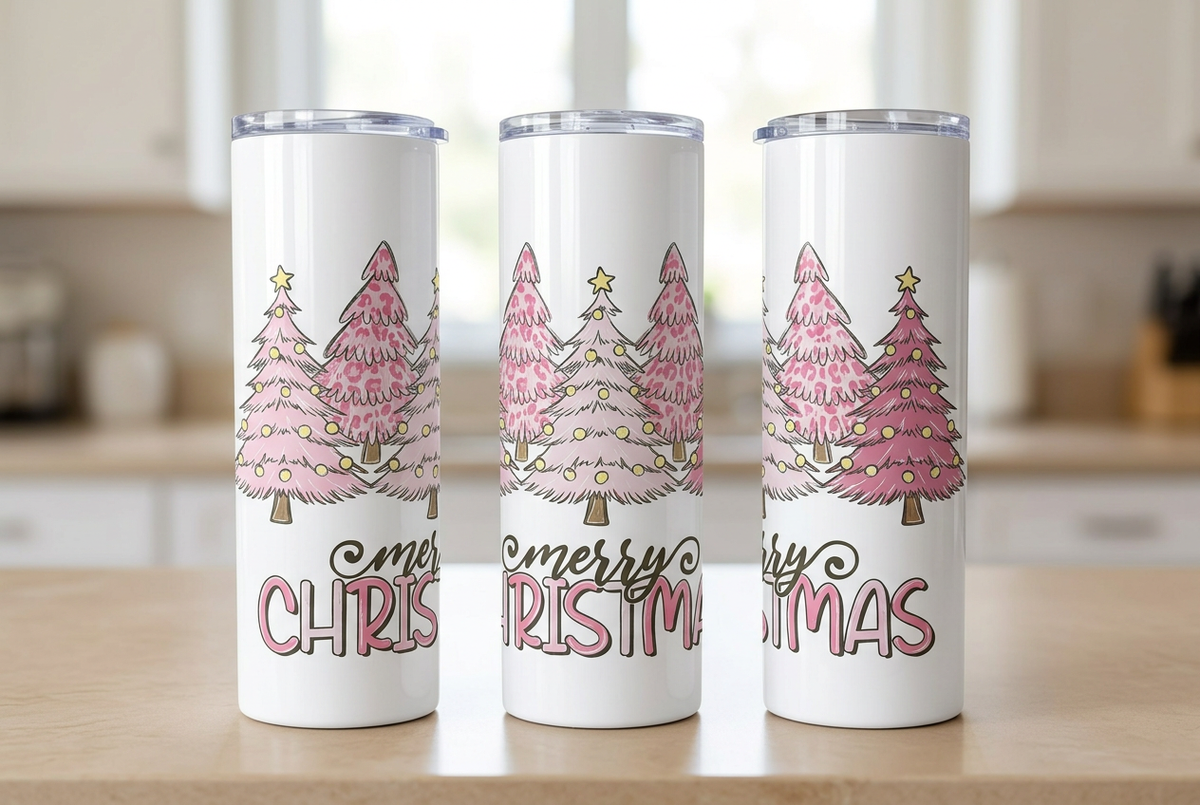 Pink Christmas tree tumbler – three views of one design