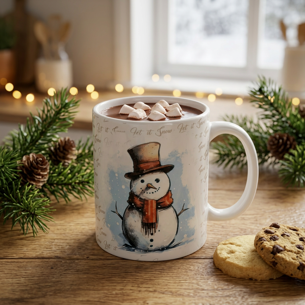 Snowman mug festive hot chocolate scene