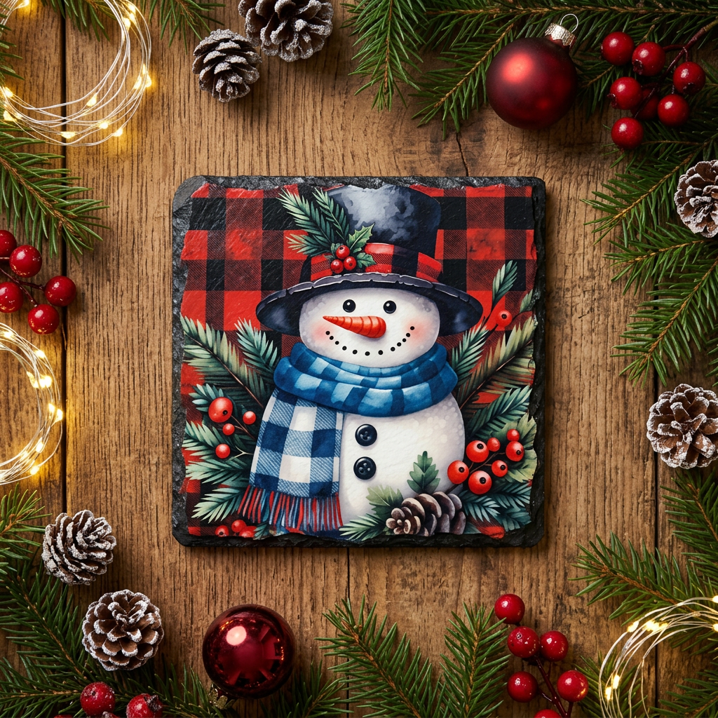 Snowman slate coaster 1 on festive wooden backdrop