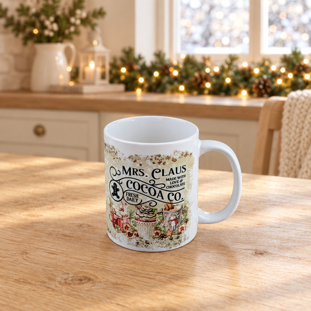 Mr and Mrs Claus ceramic mugs in a festive cottage-kitchen setting, fourth view