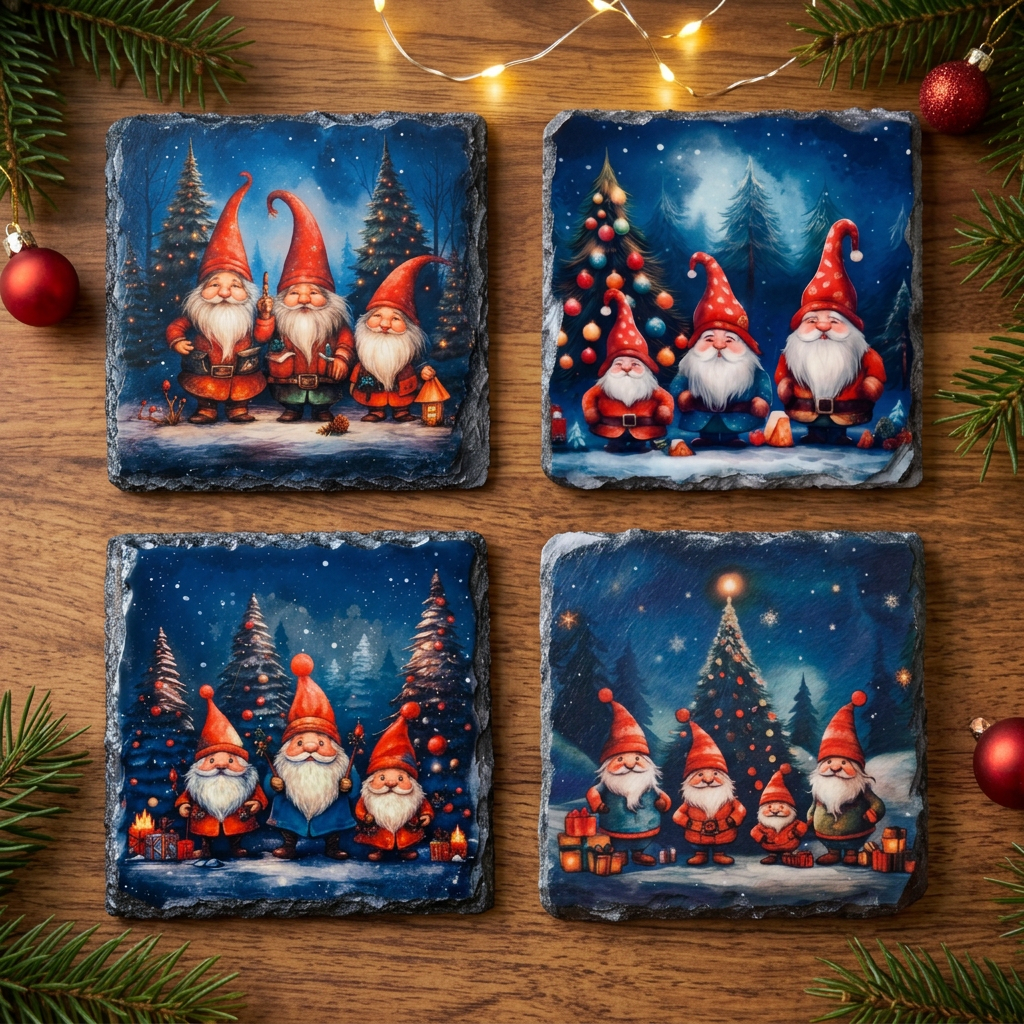 Set of four Christmas gnome slate coasters in a festive scene