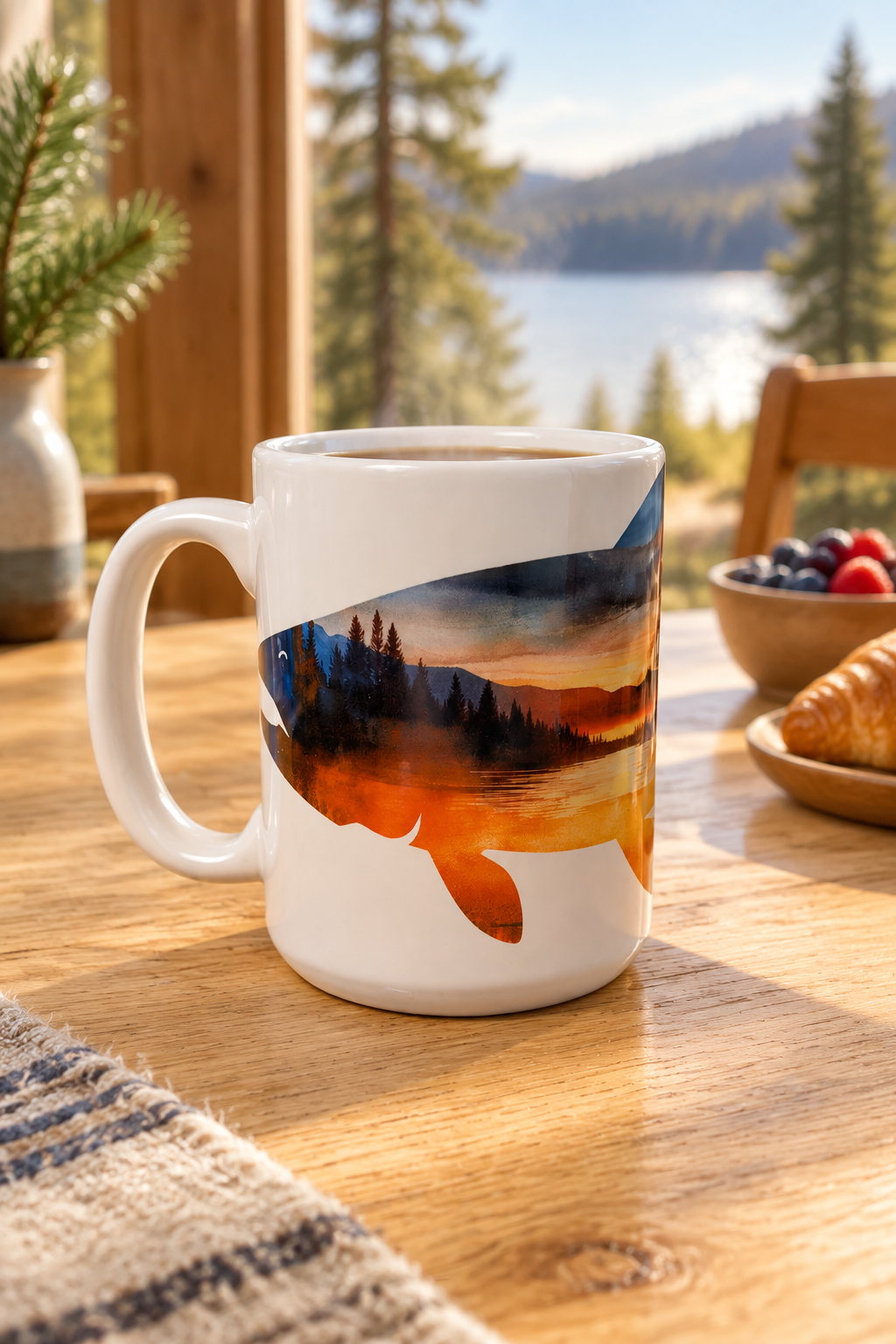 A white ceramic coffee mug with a colorful landscape print of a lake, pine trees, and an orange sunset, sitting on a wooden table in a cozy kitchen setting with a blurred background of a lake and mountains.