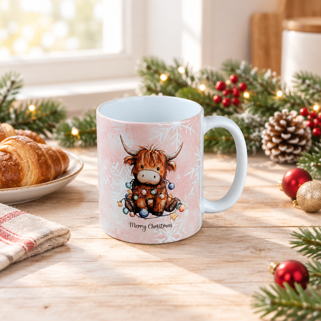 A light pink ceramic mug with a white handle and interior, featuring a cartoon Highland cow wrapped in Christmas lights and the text 'Merry Christmas' on the front. The mug is set on a wooden table surrounded by holiday decorations, including pine branches, red ornaments, a pinecone, and a plate of croissants in the background.