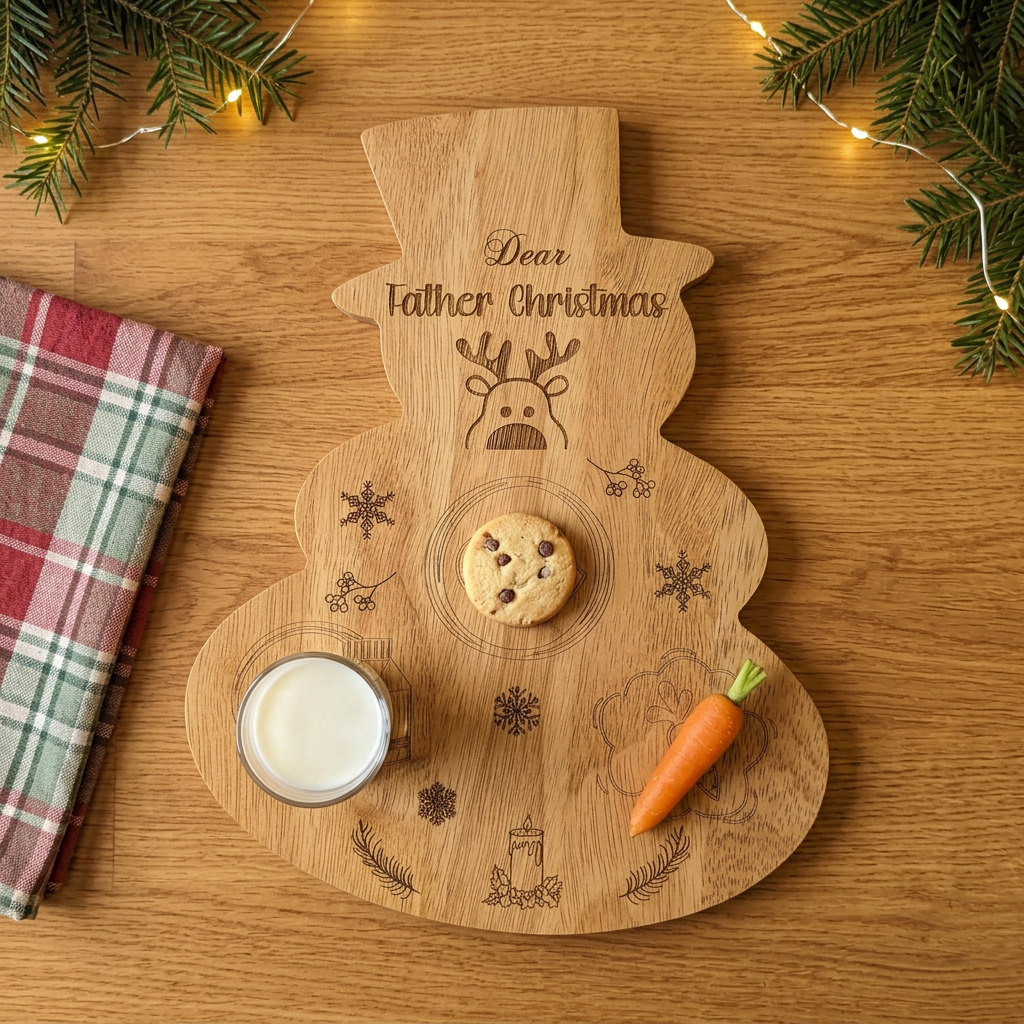 Snowman Christmas Eve board lying flat on a worktop with a biscuit, glass of milk and carrot