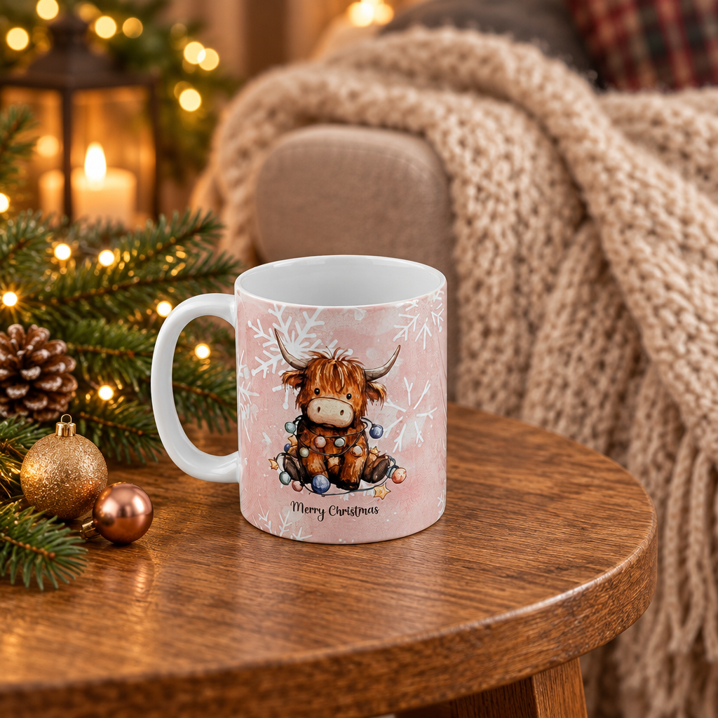 A white ceramic mug with a pink printed design of a cute Highland cow surrounded by snowflakes and the text 'Merry Christmas', displayed on a wooden table in a cozy, festive living room setting with a knitted blanket and Christmas lights in the background.