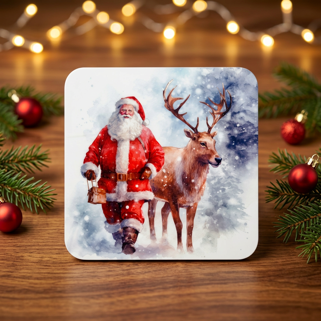 Santa and deer winter coaster in festive scene