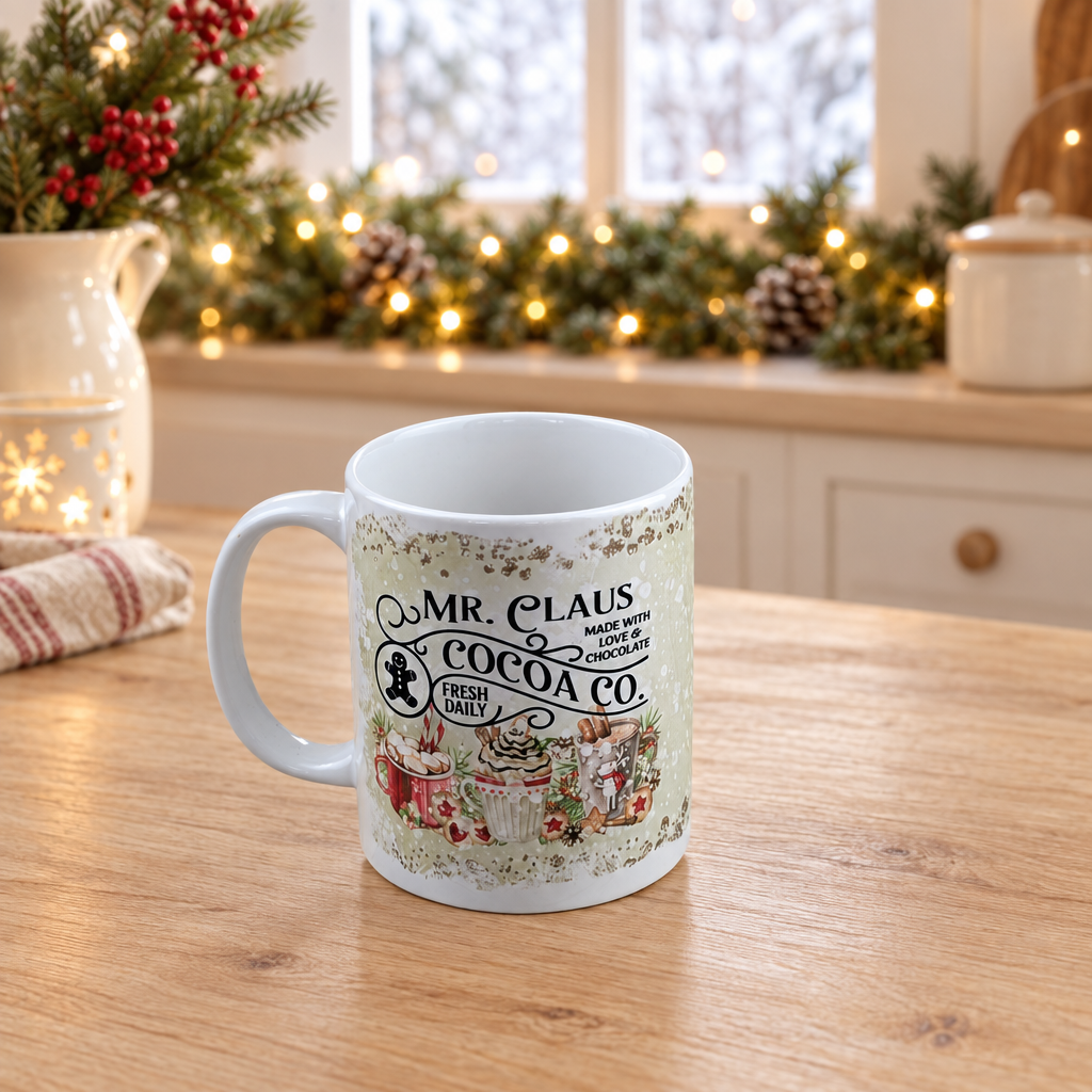 Mr and Mrs Claus ceramic mugs in a festive cottage-kitchen setting, second view