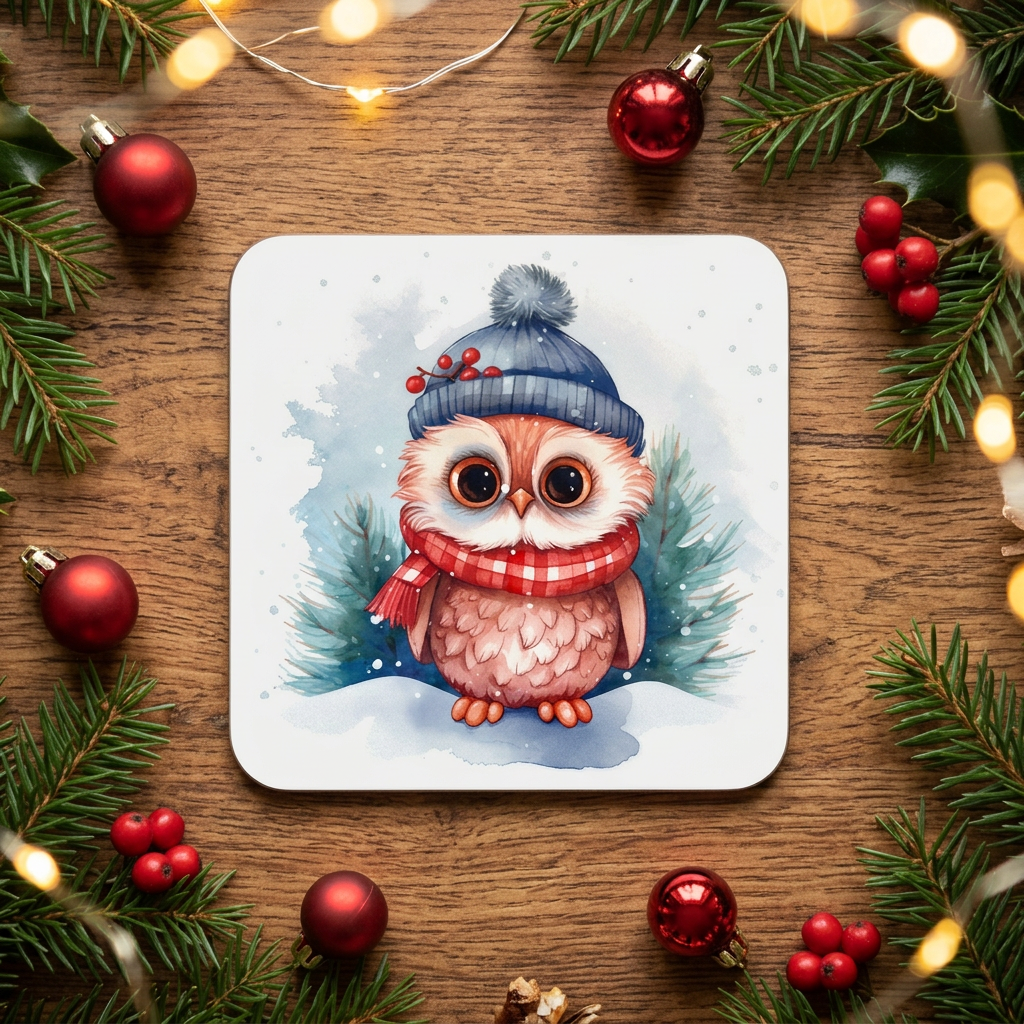 A square white coaster featuring a watercolor illustration of a cute owl wearing a blue knit hat and red plaid scarf, surrounded by a festive flat-lay arrangement of pine branches, red ornaments, and warm string lights on a wooden surface.