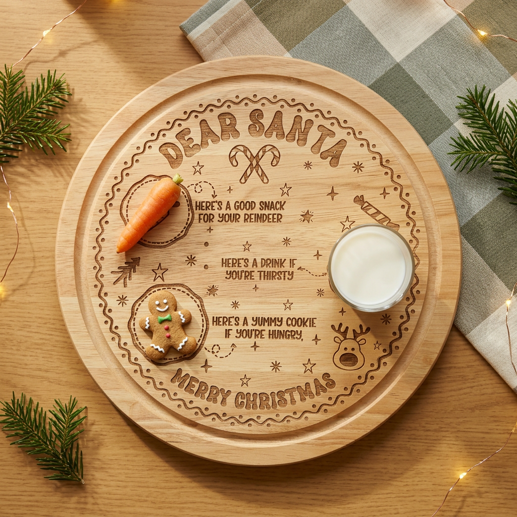 Dear Santa Christmas Eve board lying flat on a worktop with a carrot, glass of milk and gingerbread biscuit