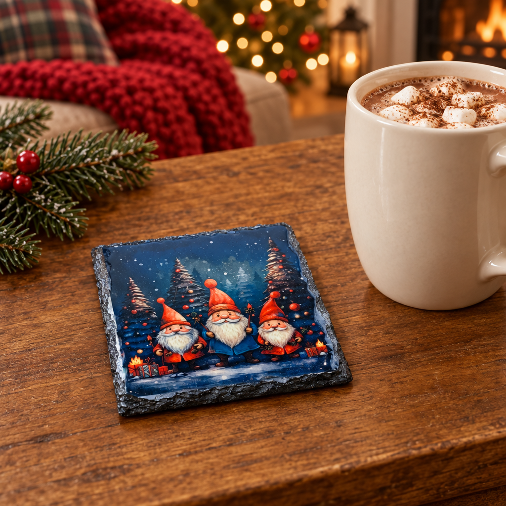 Slate Christmas coaster featuring three red-hatted gnomes with a blue centre outfit beside hot chocolate and Christmas lights.
