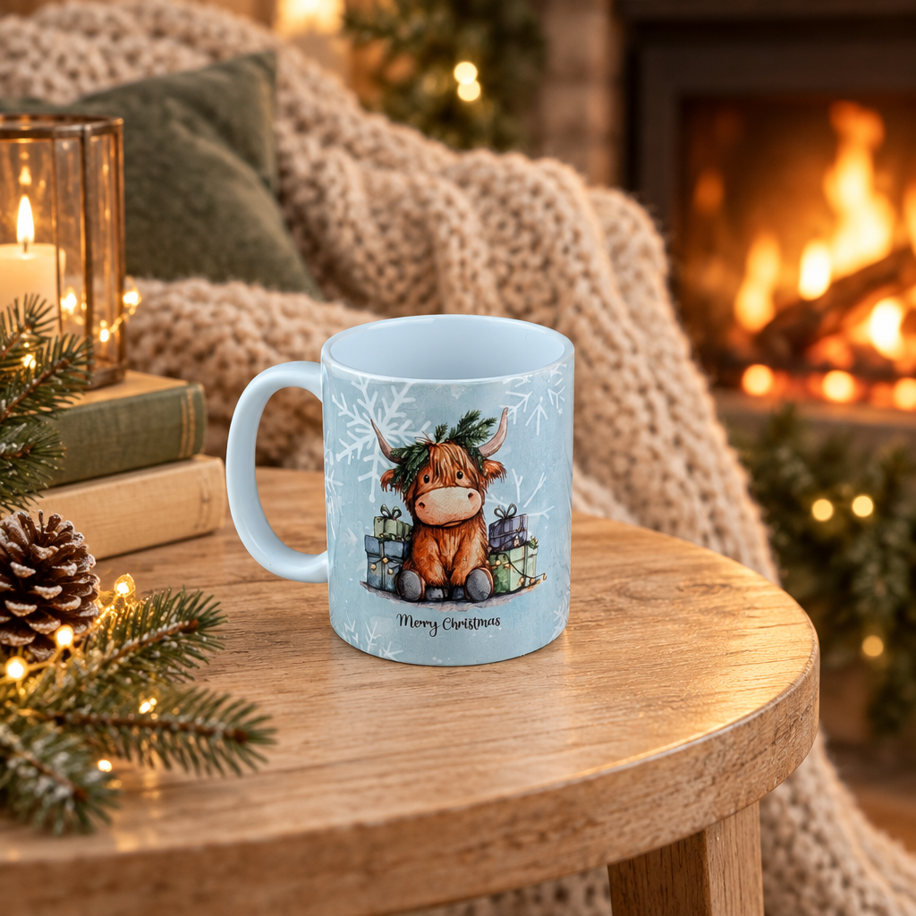 A light blue ceramic mug with a festive illustration of a Highland cow in snow, placed on a wooden table in a cozy living room setting with a burning fireplace, blanket, and holiday decorations.