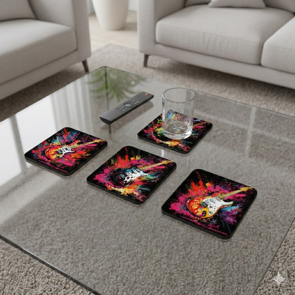A set of four square coasters with colourful, abstract guitar art displayed on a glass coffee table.