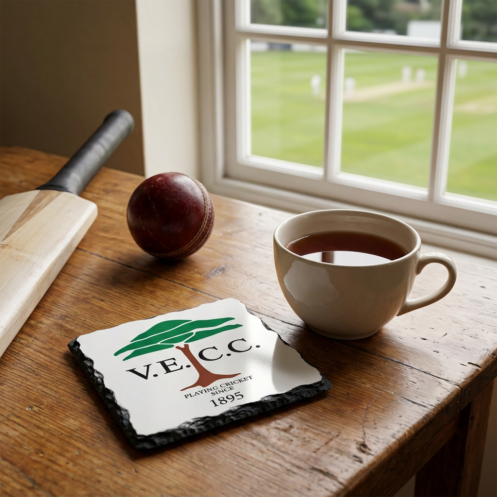 VECC slate coaster rescaled to 10 cm by 10 cm in a cricket pavilion setting
